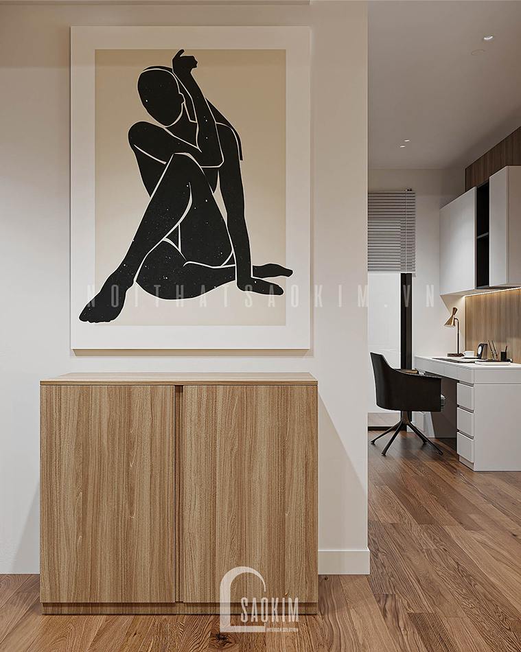 Thiết kế nội thất chung cư Vinhomes Smart City 2 ngủ + 1 bản phối hoàn hảo giữa gam màu nâu gỗ, xám, đen và trắng