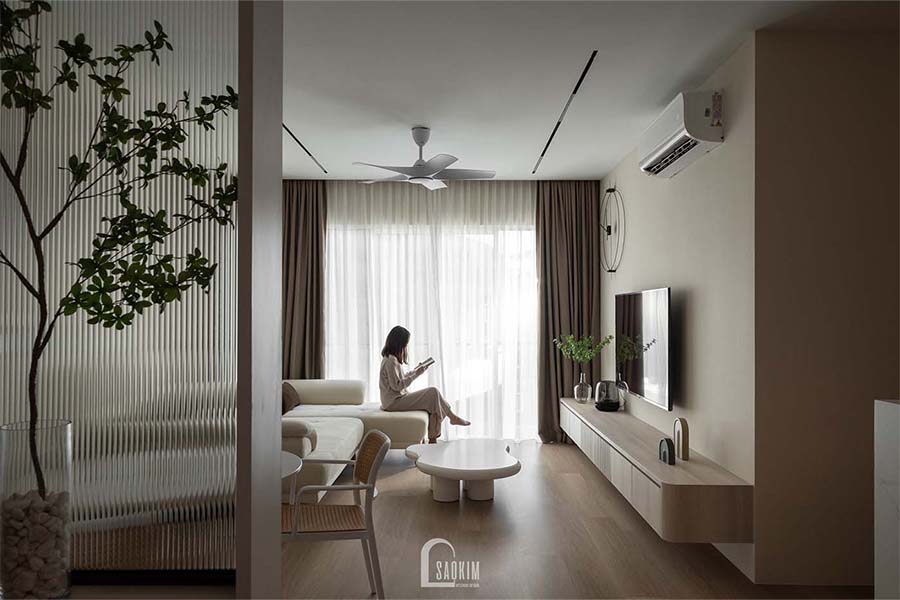 Thi công nội thất phòng khách chung cư 48m2 Lacasta Văn Phú theo phong cách tối giản