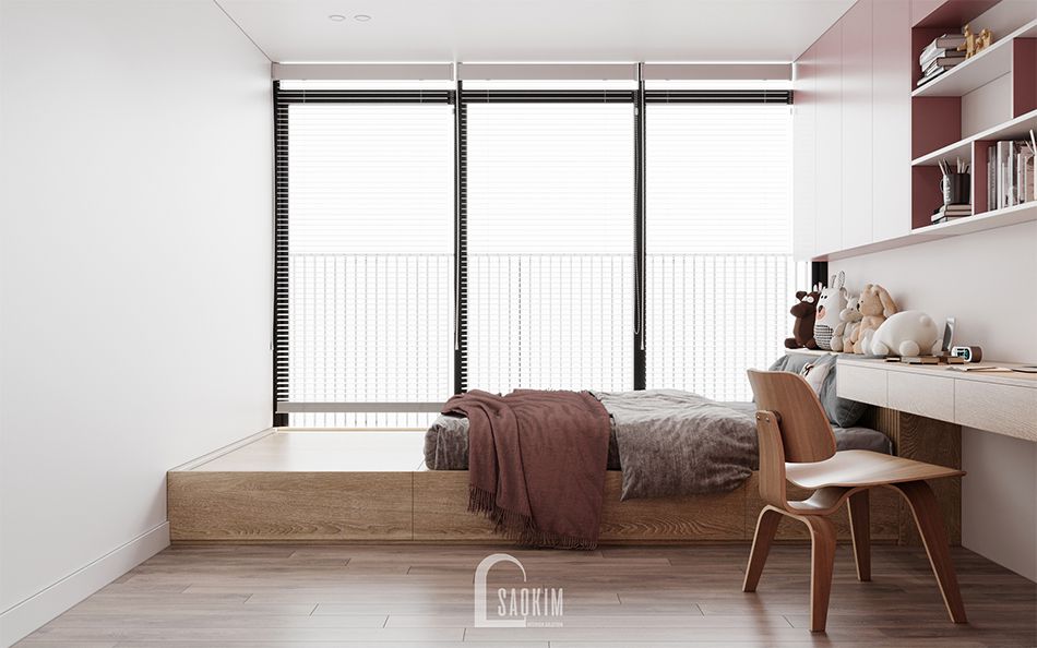 Thi công nội thất phòng ngủ bé gai căn hộ cao cấp chung cư The Zen Gamuda 157m2 phong cách hiện đại kết hợp gam màu tráng, hồng pastel và nâu gỗ