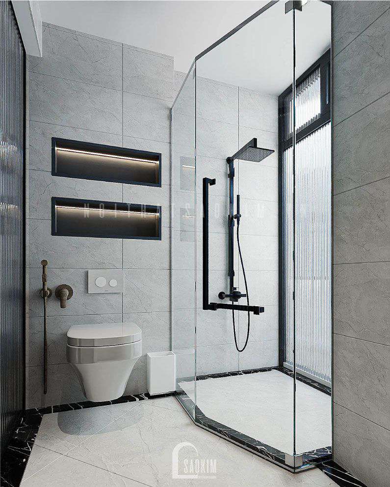 Phòng tắm tách biệt bao xung quanh vách kính tránh bắt nước.