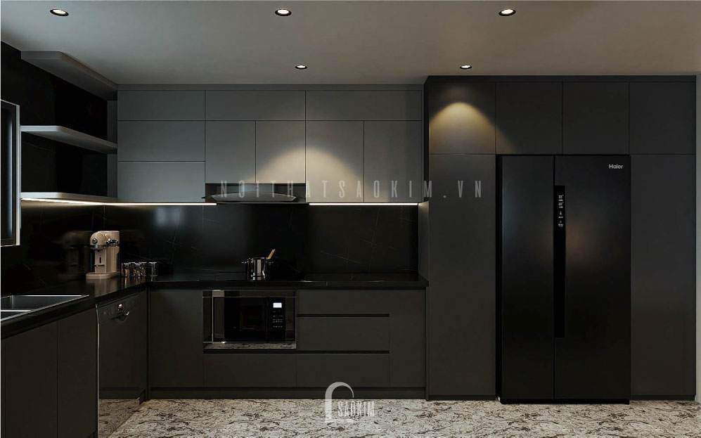 Thiết kế nội thất bếp chung cư MULBERY LANE tông màu đen xám với phong cách hiện đại