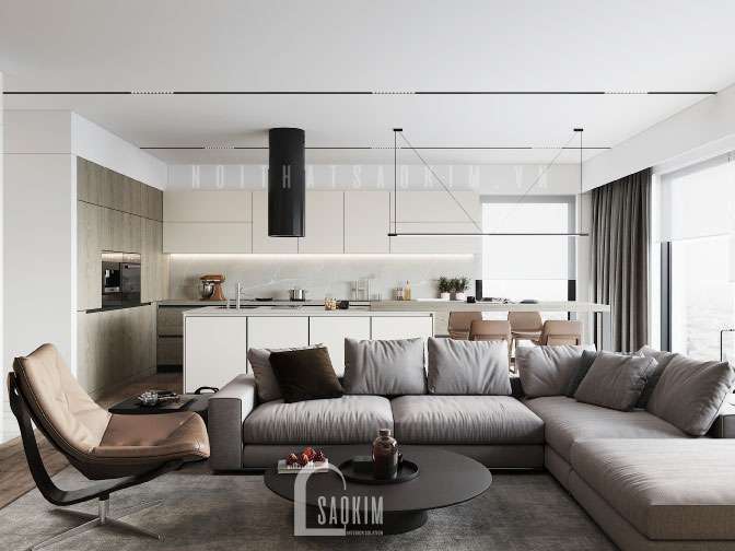 Nội thất không gian phòng khách trong mẫu thiết kế căn hộ đẹp, hiện đại
