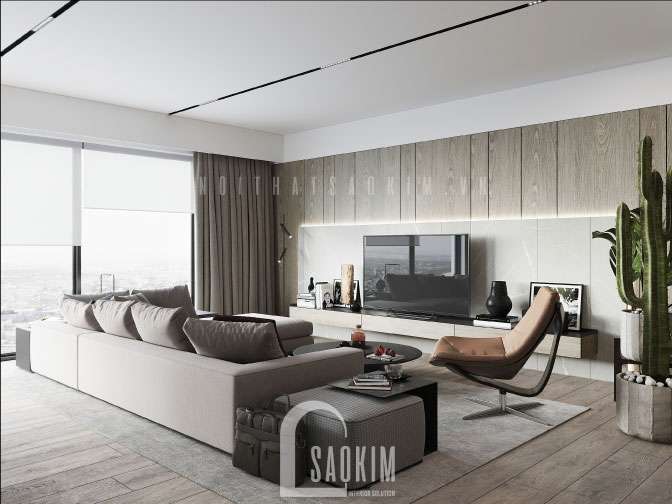 Thiết kế nội thất không gian phòng khách với gam màu trung tính trong thiết kế căn hộ chung cư 150m2