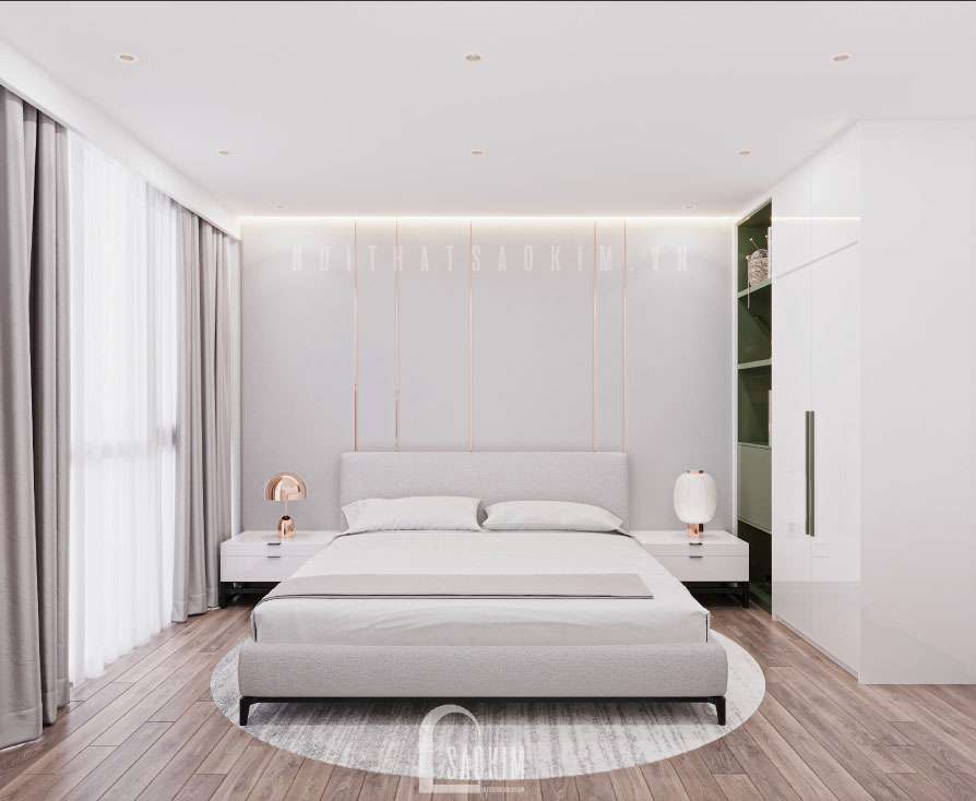 Phòng ngủ với tông màu trắng chủ đạo, đồ nội thất được bố trí đơn giản tinh tế.