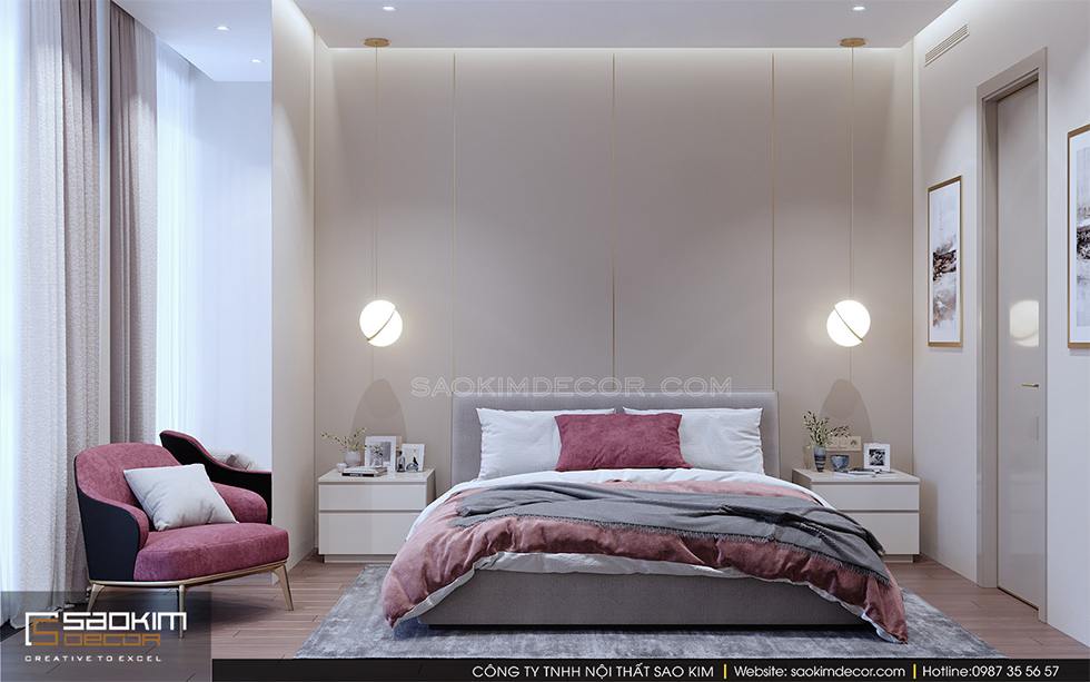 Thiết kế phòng ngủ chung cư Royal City với màu be làm chủ đạo và điểm nhấn từ màu hồng