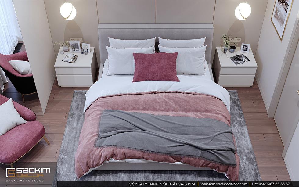 Thiết kế phòng ngủ master chung cư Royal City với màu be làm chủ đạo và điểm nhấn từ màu hồng