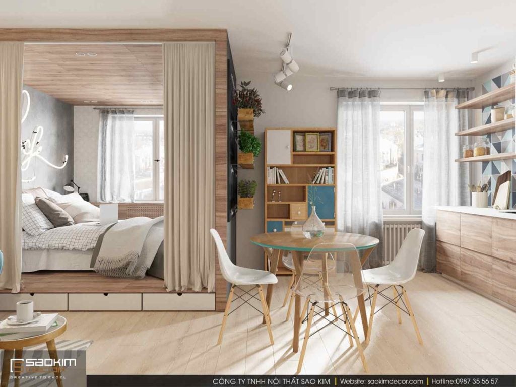 Thiết kế căn hộ chung cư mini 30m2 sử dụng rèm và vách gỗ mỏng ngăn không gian