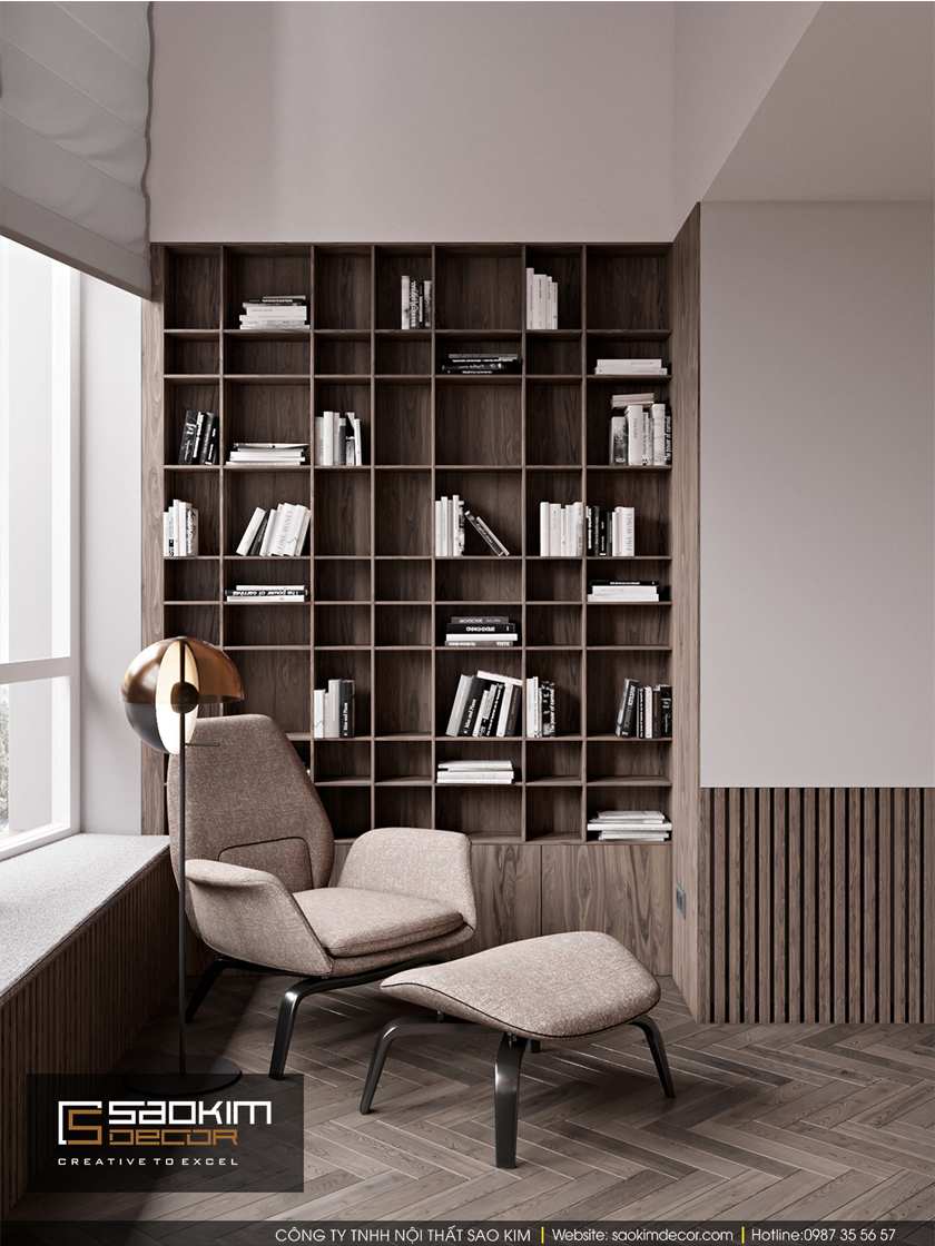 Ngoài không gian làm việc, thiết kế phòng ngủ master này có thêm góc thư giãn, đọc sách