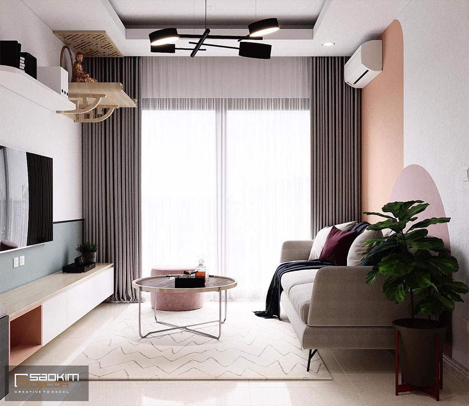 Ghế sofa trung tính cùng tông với màu sàn nhà, tường màu sáng làm chủ đạo giúp cân bằng bảng màu cho phòng khách