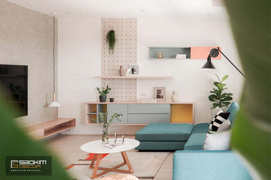 Không gian phòng khách nhà phố là sự kết hợp phong cách tối giản và Color Block
