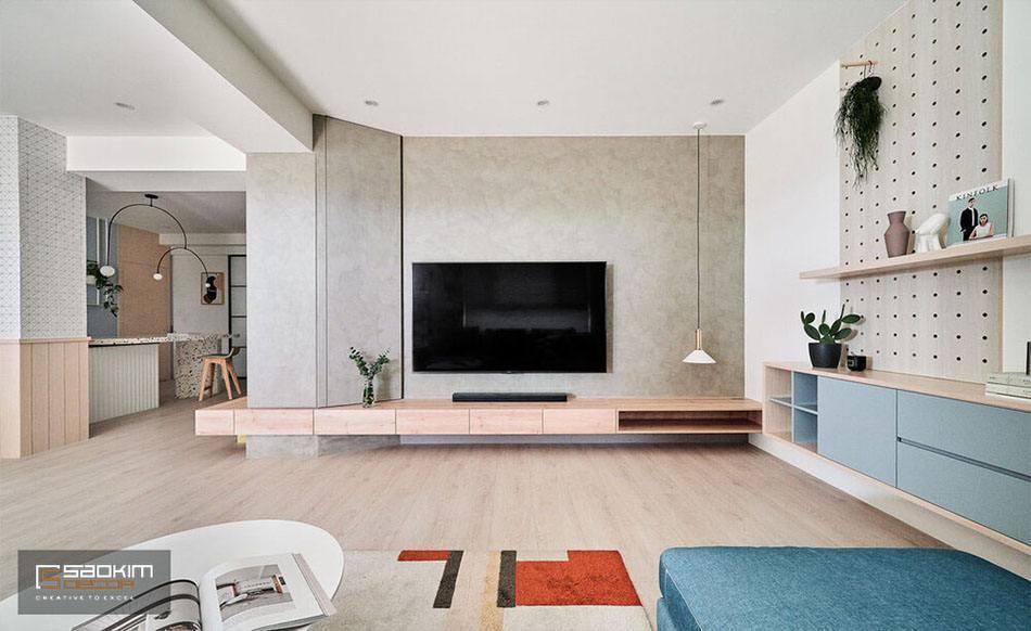 Thiết kế và thi công nội thất nhà phố tại Hà Đông là sự kết hợp giữa phong cách tối giản và Color Block cho phòng khách