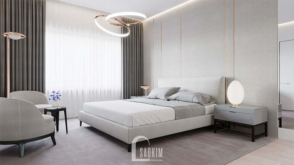 Mẫu thiết kế phòng ngủ chung cư Vinhomes Green Bay 45m2 phong cách tối giản