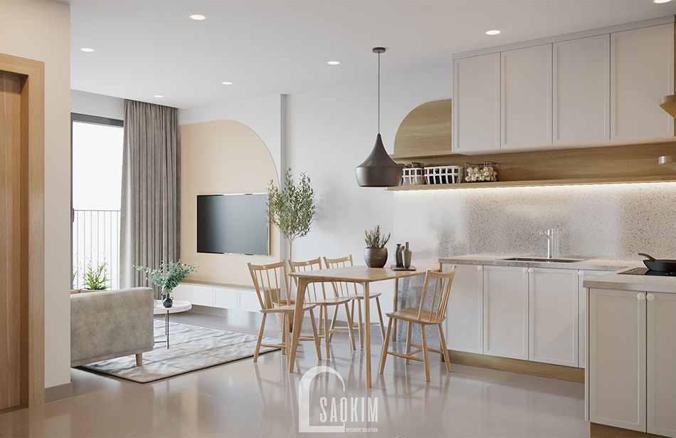 Mẫu thiết kế căn hộ 1 phòng ngủ + 1 chung cư Vinhomes Smart City với không gian phòng ăn và bếp rộng thoáng