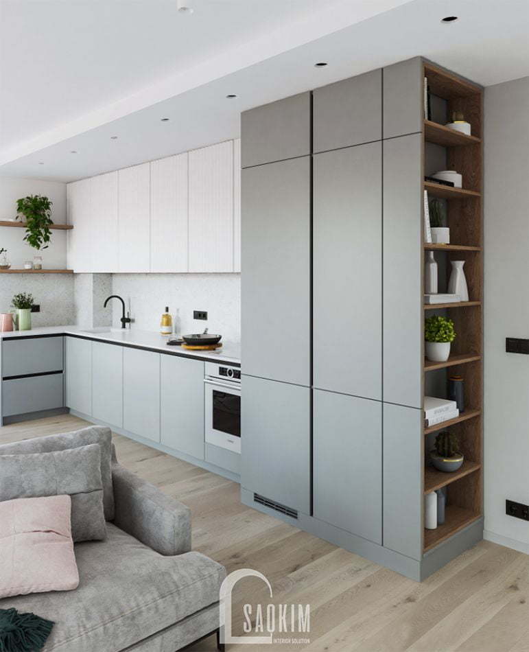Căn bếp tối giản hiện đại trong mẫu thiết kế căn hộ 71m2 Tòa tháp Thiên Niên Kỷ