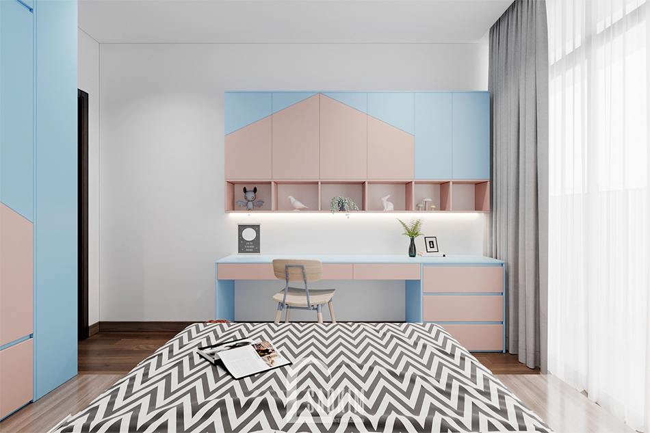 Thiết kế phòng ngủ bé gái chung cư The Zen Gamuda với sự kết hợp giữa gam màu hồng và xanh pastel
