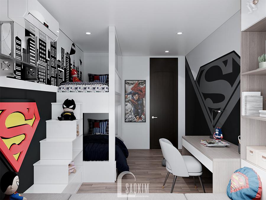 Thiết kế phòng ngủ bé trai chung cư phong cách hiện đại Huyndai Hillstate cho bé thích siêu nhân Supermen