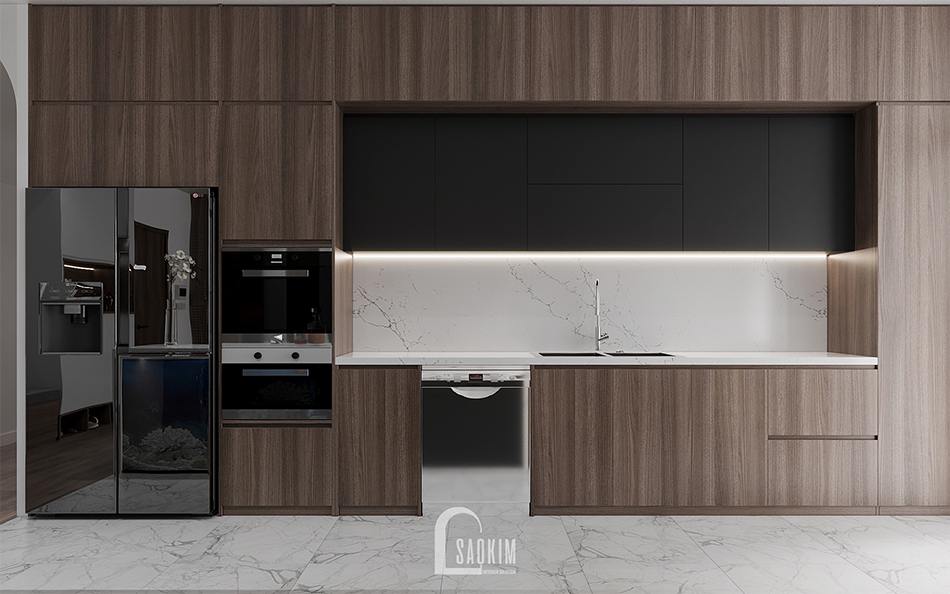 Thiết kế phòng bếp căn hộ The Zen Gamuda theo phong cách hiện đại với gam màu nâu làm chủ đạo cho hệ tủ bếp