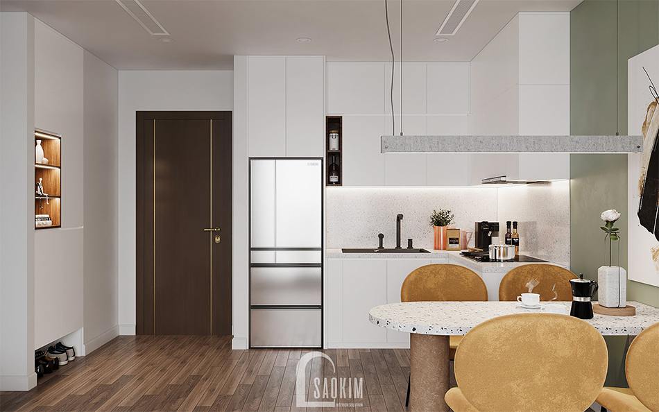 Thiết kế phòng bếp lựa chọn gam màu trắng cho toàn bộ hệ tủ cũng như tường bếp