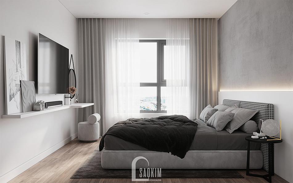 Thiết kế phòng ngủ master kết hợp gam màu trắng và xám
