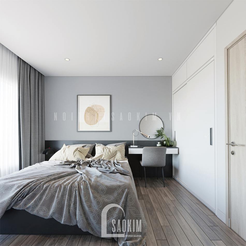 Thiết kế nội thất phòng ngủ master chung cư Vinhomes Smart City kết hợp gam màu trắng, xám