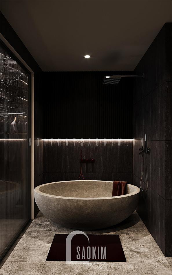 Không gian phòng tắm sang trọng, ấm cúng với nội thất màu đen