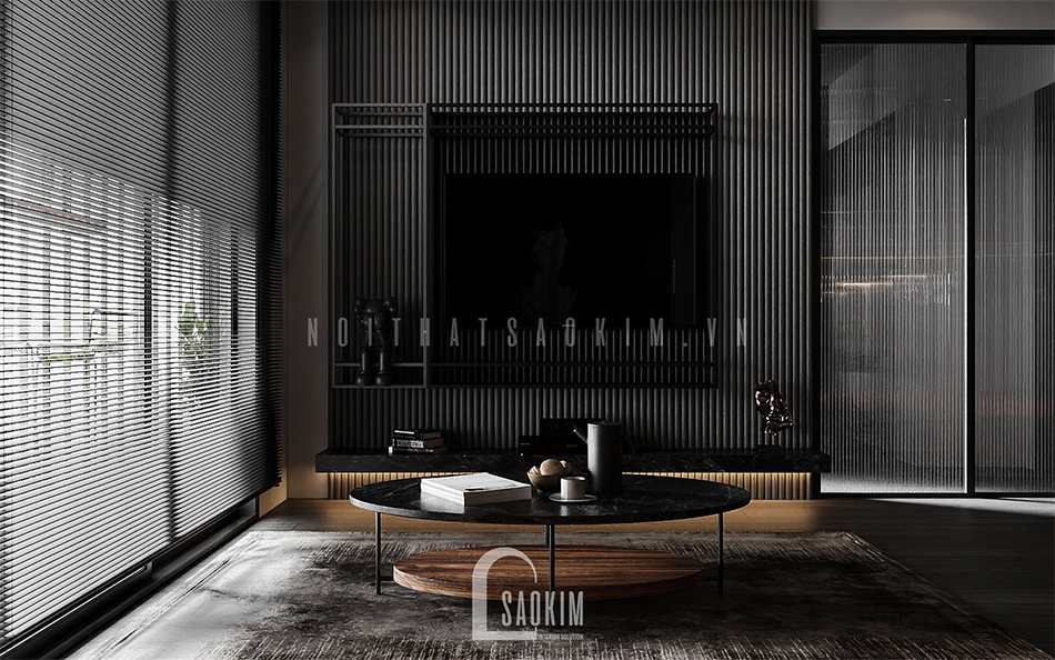 Thiết kế nội thất phòng khách chung cư Vinhomes Ocean Park gam màu đen mang đến vẻ sang trọng, huyền bí