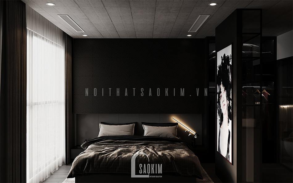 Thiết kế nội thất phòng ngủ chung cư Vinhomes Ocean Park với gam màu đen mang vẻ đẹp cá tính, sang trọng