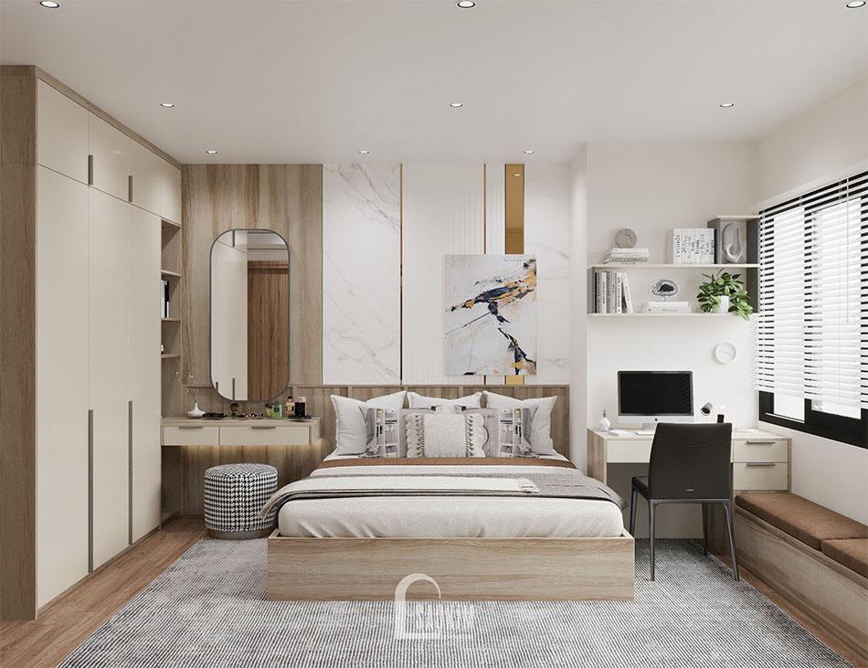 Thiết kế nội thất phòng ngủ chung cư 120m2 Packexim Tây Hồ phòng cách hiện đại, ấm cúng gam màu gỗ sáng