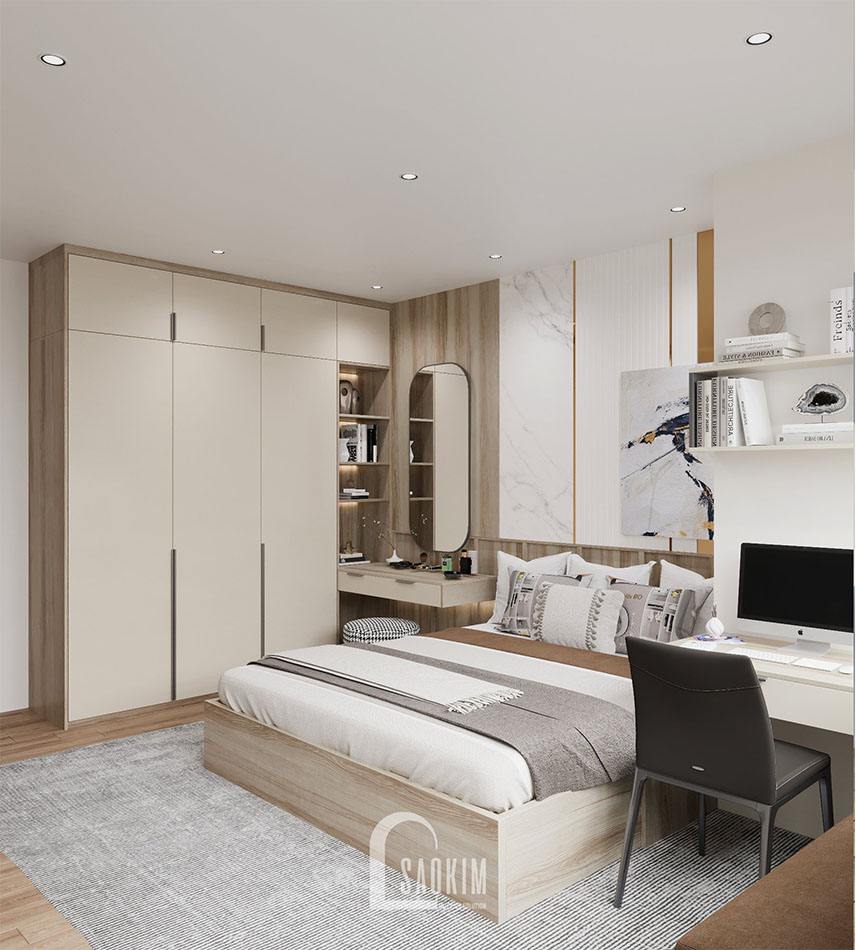 Thiết kế nội thất chung cư 120m2 Packexim Tây Hồ lựa chọn gam màu gỗ sáng kết hợp màu trắng cho phòng ngủ master