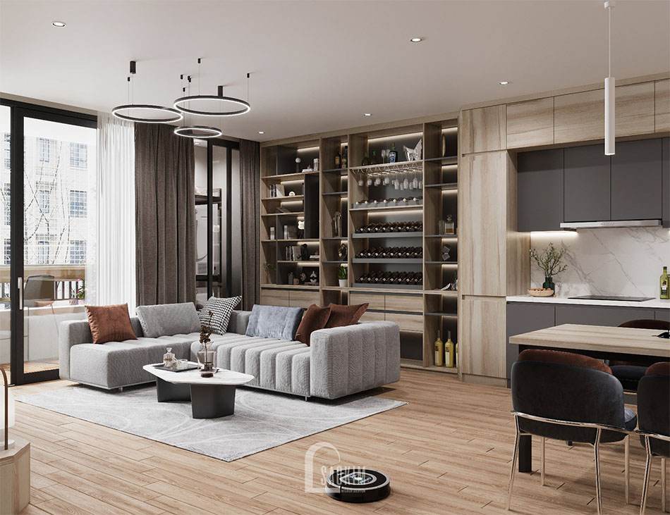 Thiết kế nội thất phòng khách chung cư 120m2 Packexim Tây Hồ hiện đại, ấm cúng