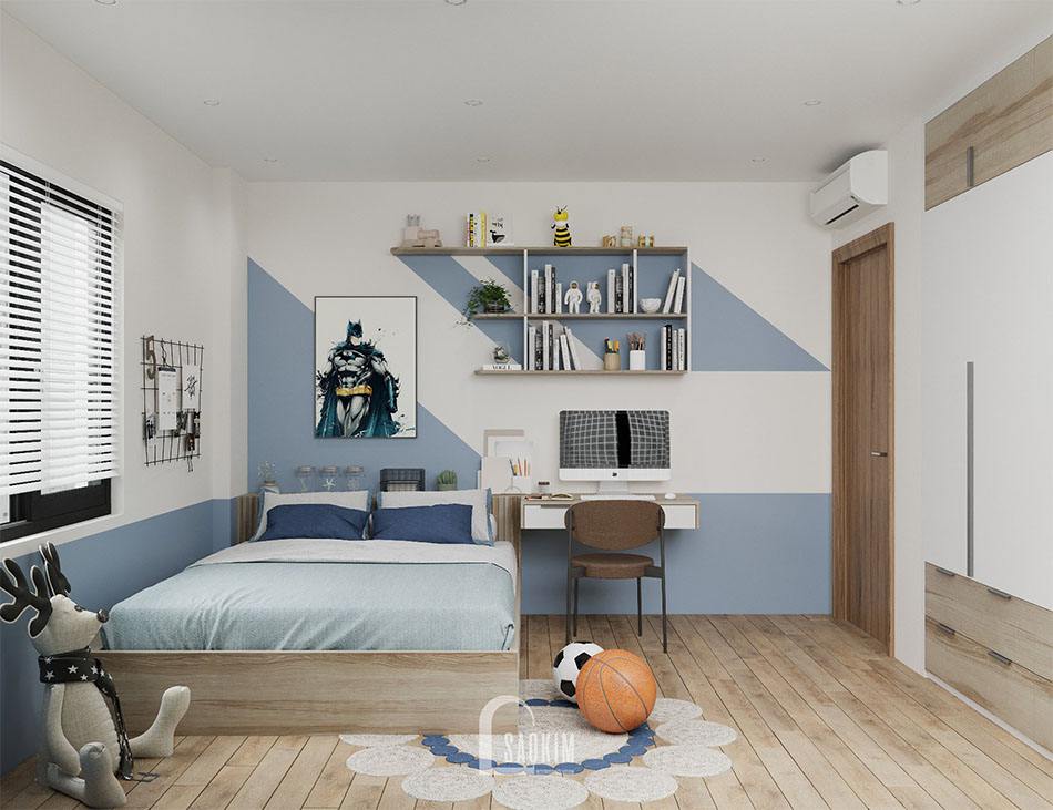 Thiết kế nội thất phòng ngủ bé gái chung cư Packexim Tây Hồ với gam màu xanh dương làm chủ đạo