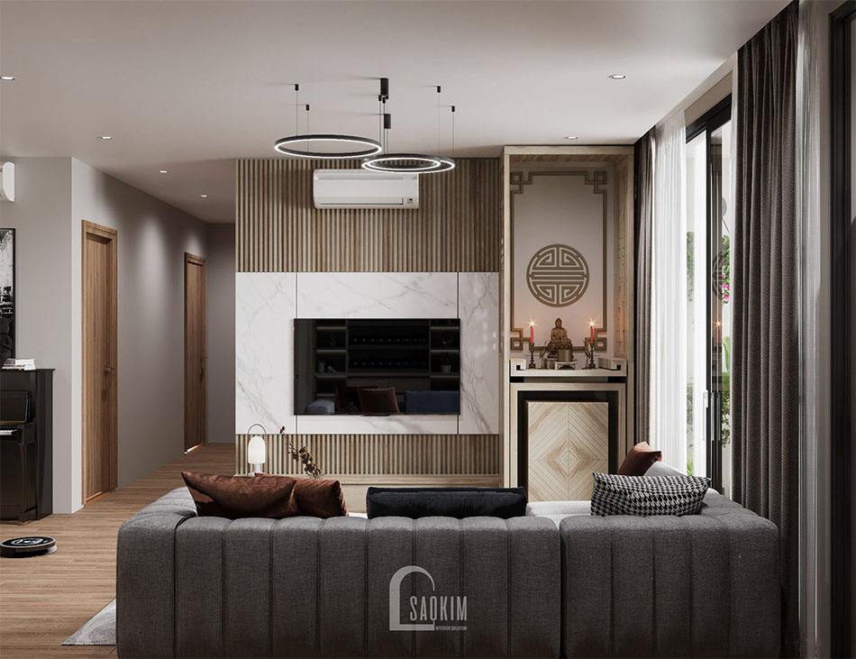 Thiết kế nội thất phòng khách chung cư 120m2 Packexim Tây Hồ kết hợp gam màu xám và màu gỗ sáng mang đến không gian ấm cúng