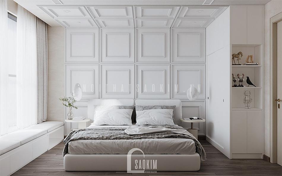 Thiết kế nội thất phòng ngủ Vinhomes Ocean Park kết hợp phong cách Japandi và Bauhaus màu trắng be và bê tông sáng
