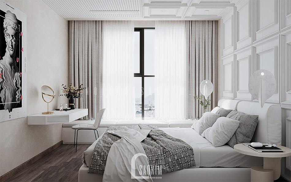 Thiết kế nội thất phòng ngủ chung cư Vinhomes Ocean Park đẹp tinh tế, trang nhã với gam màu trắng be và bê tông sáng