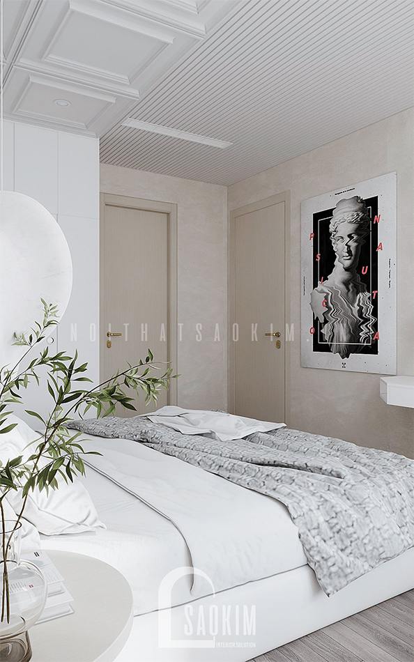 Màu bê tông sáng và màu trắng be kết hợp khéo léo mang đến thiết kế phòng ngủ hoàn mỹ