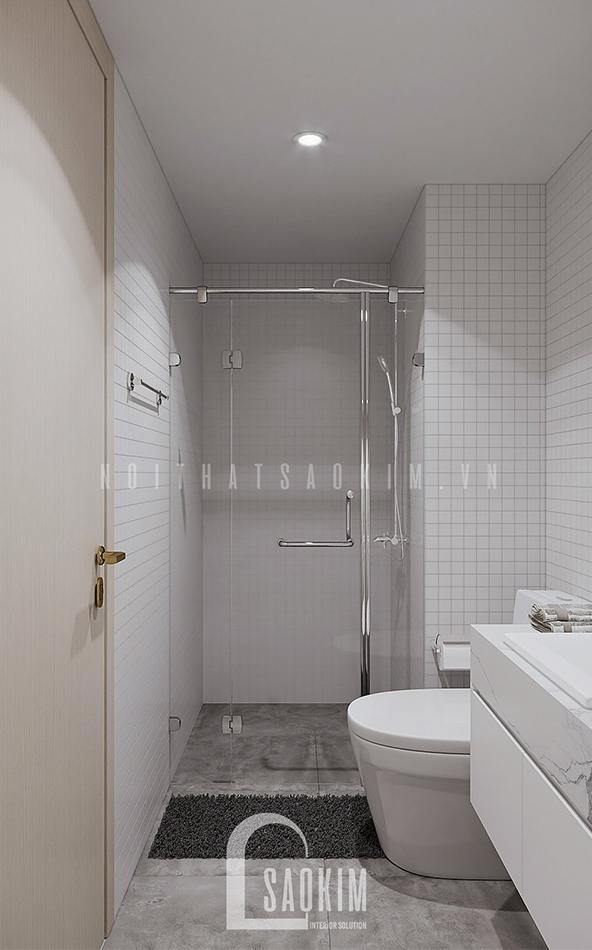 Thiết kế nội thất phòng tắm 1 chung cư Vinhomes Ocean Park gam màu trắng be và bê tông sáng