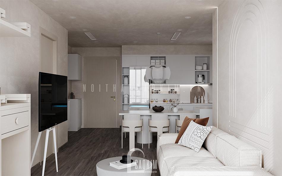 Thiết kế nội thất chung cư Vinhomes Ocean Park với gam màu trắng be và bê tông sáng làm chủ đạo