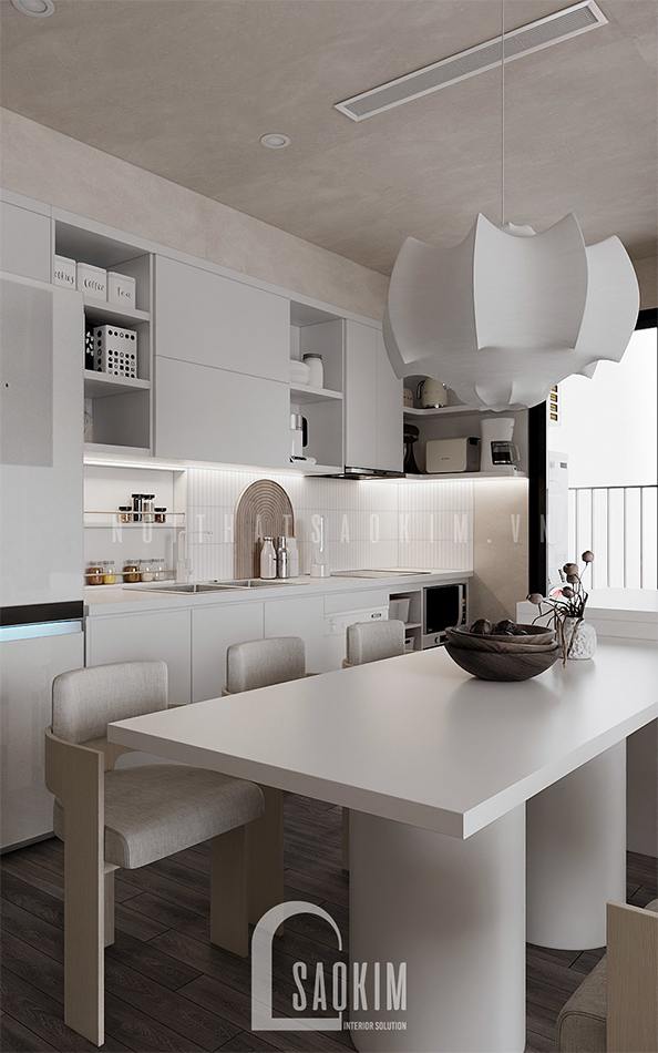 Thiết kế nội thất phòng bếp chung cư Vinhomes Ocean Park phong cách Japandi và Bauhaus gam màu trắng be và bê tông sáng