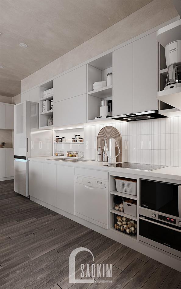 Gam màu trắng khiến thiết kế nội thất căn bếp chung cư Vinhomes Ocean Park luôn sạch sẽ, sáng bóng