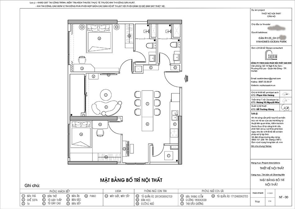 Bố trí mặt bằng thiết kế nội thất chung cư 65m2 – 2 phòng ngủ +1 Vinhomes Ocean Park