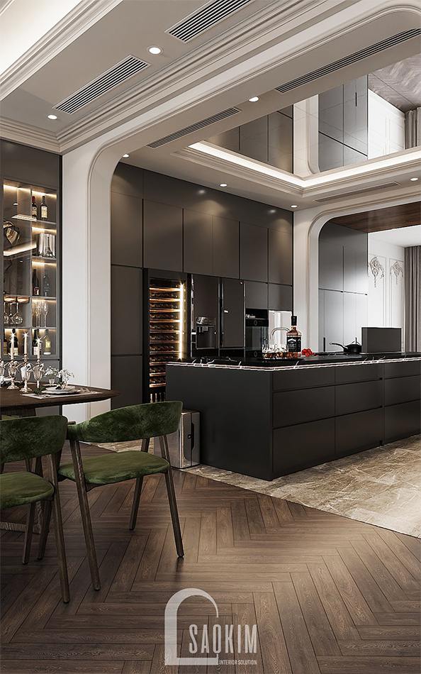 Căn bếp lựa chọn những vật liệu cao cấp với gam màu đen góp phần tạo lên thiết kế nội thất nhà liền kề đẹp, sang trọng Louis City Hoàng Mai
