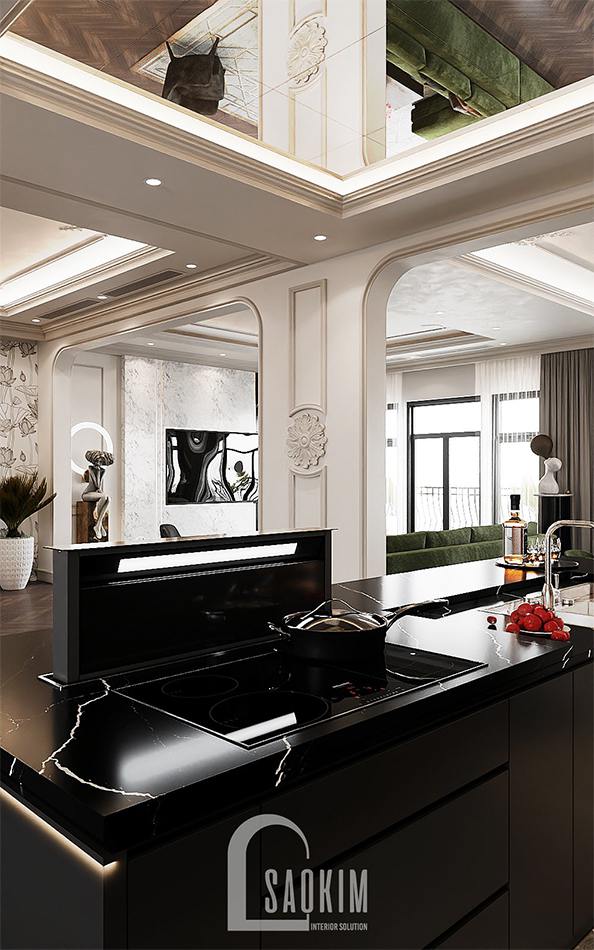 Thiết kế nội thất nhà liền kề Louis City Hoàng Mai lựa chọn máy hút mùi âm bàn cho phòng bếp