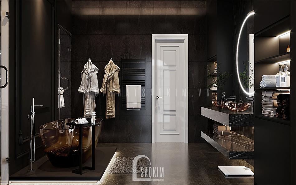 Thiết kế nội thất phòng tắm nhà liền kề Louis City Hoàng Mai với gam màu đen làm chủ đạo mang đến vẻ đẹp sang trọng