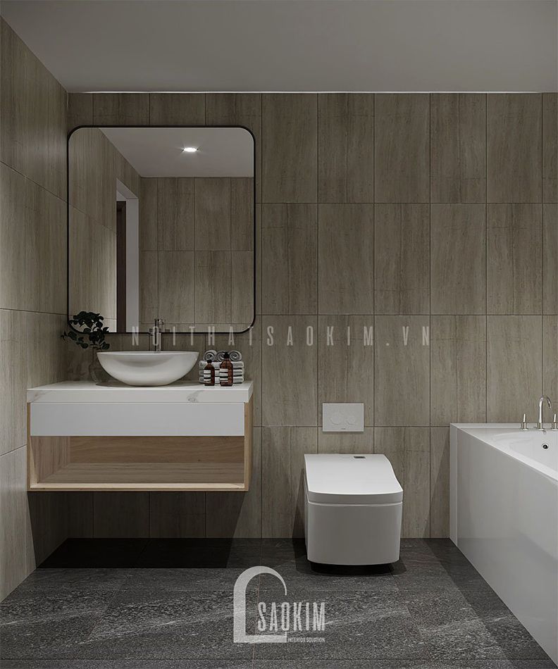 Gạch ốp tường gần giống màu gỗ nội thất giúp phòng tắm toát lên vẻ đạp thạnh lịch, ấm cúng