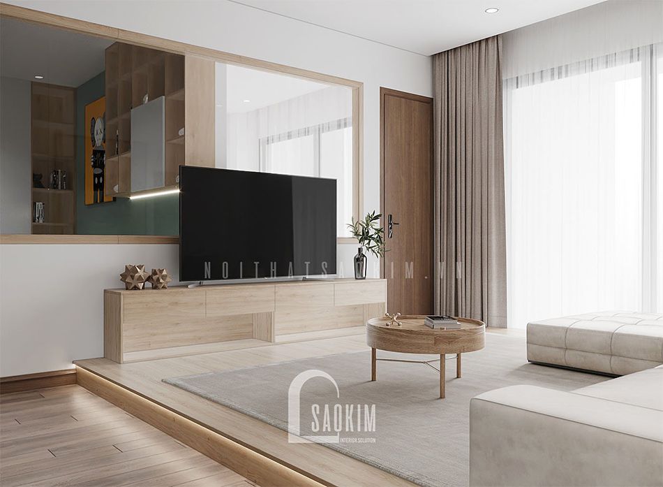 Thiết kế nội thất phòng khách chung cư Royal City với gam màu gỗ sáng