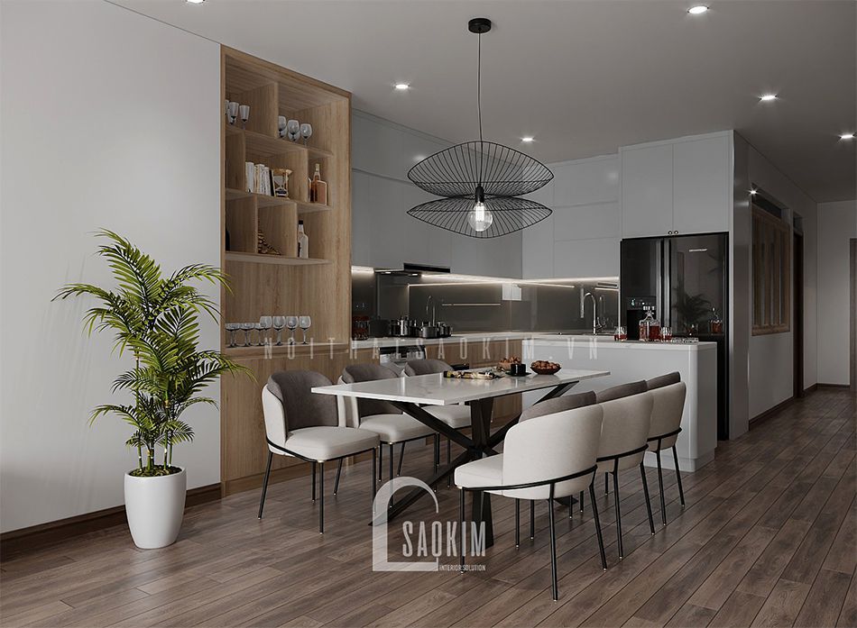 Thiết kế nội thất phòng ăn và bếp chung cư Royal City kết hợp gam màu trắng, màu đen và màu gỗ sáng