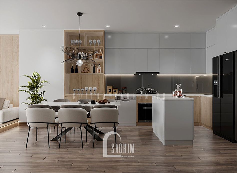 Thiết kế nội thất phòng bếp chung cư Royal City mang vẻ đẹp sang trọng, thanh thoát với sự kết hợp của phong cách hiện đại và Nhật Bản