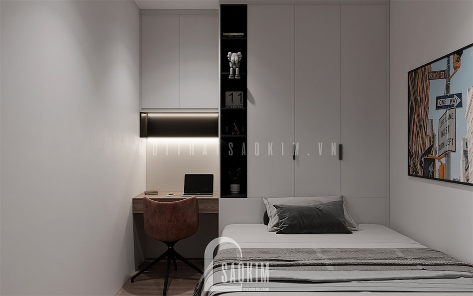 Thiết kế nội thất phòng ngủ 2 chung cư 54m2 Lotus Central Bắc Ninh gam màu trắng làm chủ đạo
