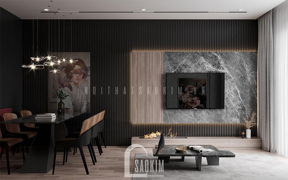 Thiết kế nội thất phòng khách chung cư 54m2 Lotus Central Bắc Ninh gam màu xám, đen làm chủ đạo
