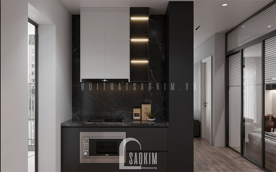 Thiết kế nội thất phòng bếp chung cư theo phong cách hiện đại với gam màu đen và trắng